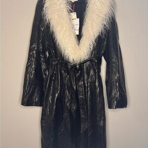 Free People Black Faux Leather Textured Trench Coat with Cream Fur Collar